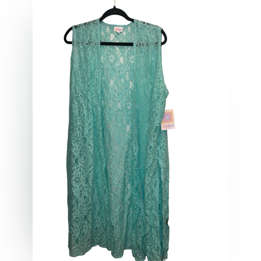 Size L LuLaRoe Sleeveless Teal Lace Open Cardigan